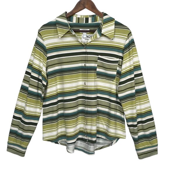 D & Co.‎ Jersey Knit Button Front Top Women Size L Green Striped Shirttail Hem - Picture 1 of 12